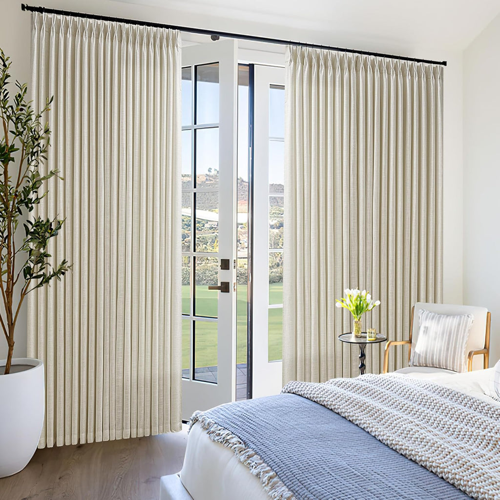Flax Burlap 90 Inch Pinch Pleated Linen Curtains for Living Room Thick Linen Textured Drapes 90 Inches Long Pinch