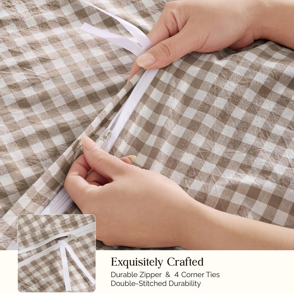 Tan Gingham Duvet Cover, 100% Wash Cotton Bedding Set 3 Piece