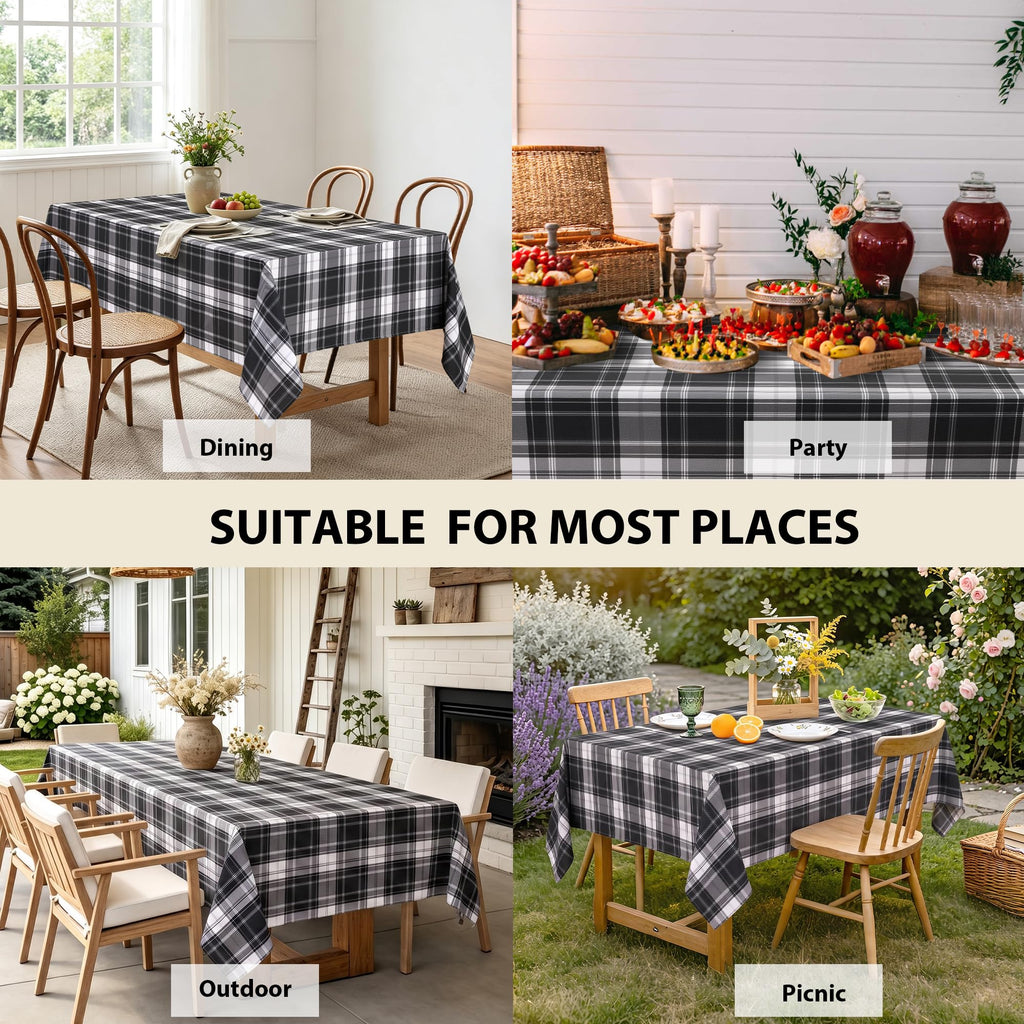 Waterproof Rectangle Gingham Tablecloth, 52 x 70 Inch, Black