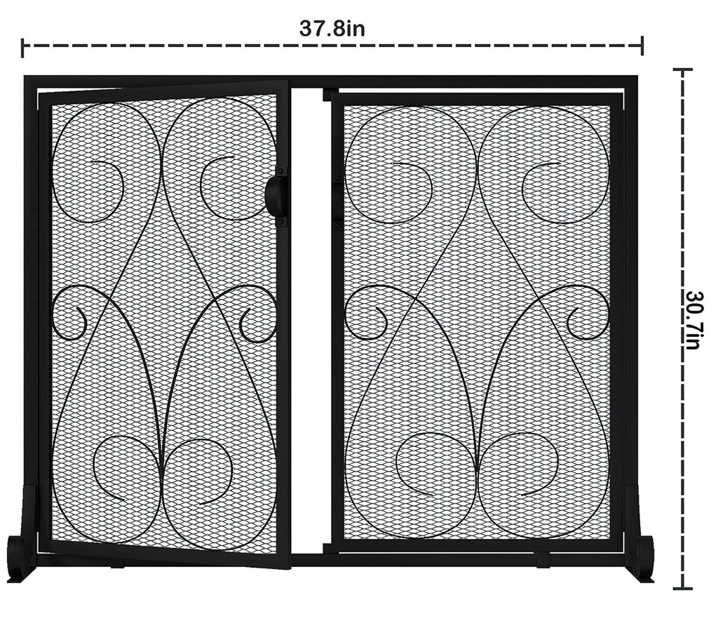2-Panel Fireplace Screen with Doors Handcrafted Wrought Iron Decorative Mesh, Symmetric Scroll Fire Spark Guard-Black
