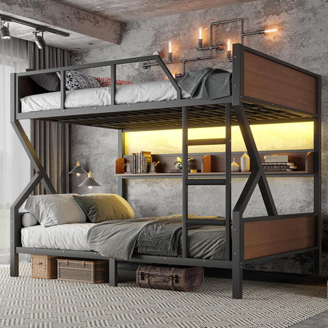Queen over Queen Bunk Bed with Storage Shelves, Metal Bunk Beds with Ladders and LED Lights
