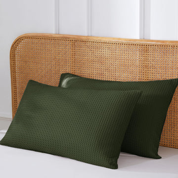 Waffle Pillow Shams Queen Size Set of 2 20x30, 100% Cotton, Green