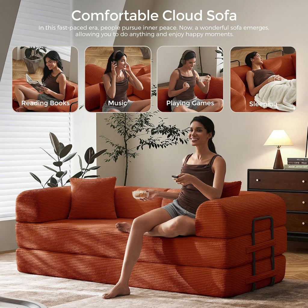 79" Convertible Futon Sofa Bed, Boneless Couch | Orange | Folding Corduroy Boneless Sleeper Sofa, Modular Futon Couch