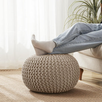 Pouf Ottoman Foot Rest Stuffed - 20" Diameter x 14" Tall Cozy Floor Pouf & More - 100% Cotton Knit Shell, EPS Bead