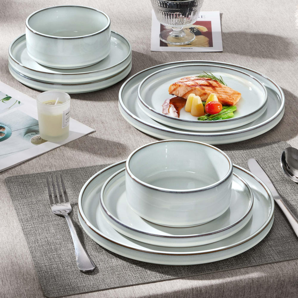24 Pieces Stoneware Dinnerware Set for 8, Ceramic Dinner Dishware Sets Kitchen, Plates and Bowls with Rustic