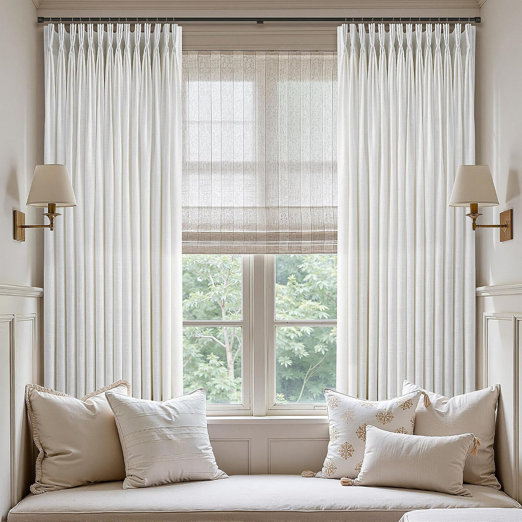 Natural Linen Pinch Pleated Curtains for Living Dining Room Cream Ivory Textured Pinch Pleat Drapes