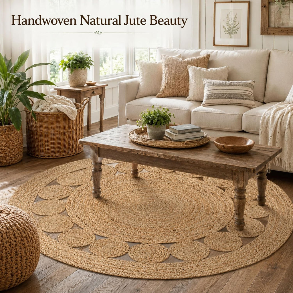 Natural Jute Round Area Rug, Handwoven Braided Boho Jute Rug with Dotted Design, Eco Friendly Farmhouse Living Room