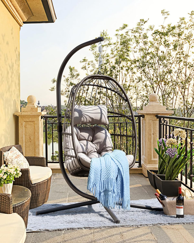 Egg Swing Chair with Stand, Outdoor Hanging Egg Chair with Cushion /Porch/Balcony/Indoor (Light Gray)