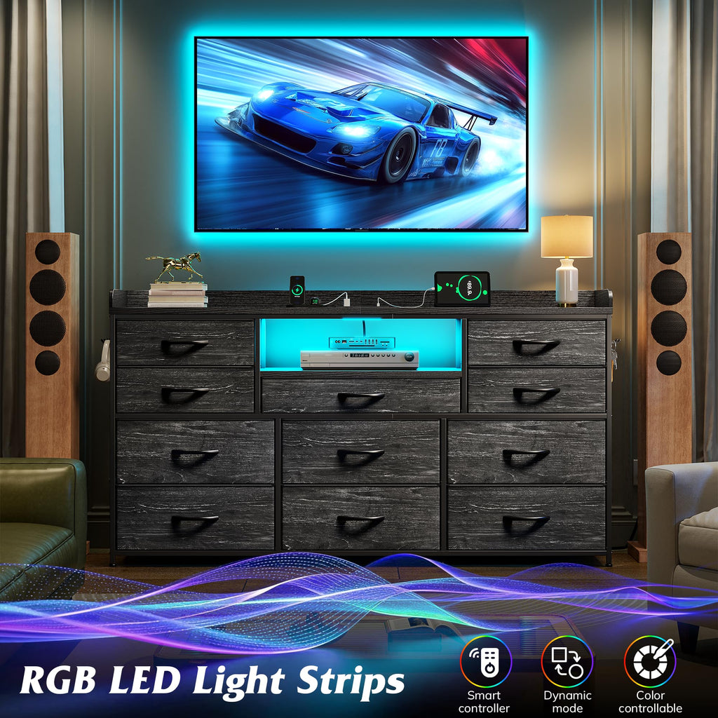 LED Dresser with 11 Drawers & Power Outlets, Black