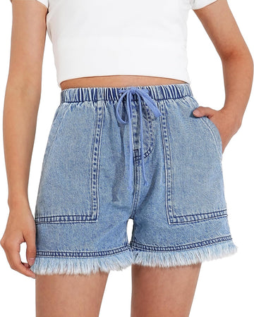 Girls Jean Shorts Denim Elastic Waist Drawstring Short for Teen Girl