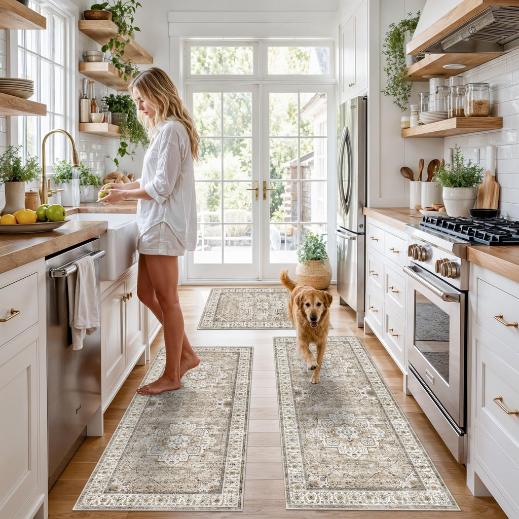 Washable Kitchen Rugs Sets of 3: Non-Slip Boho Kitchen Mats for Floor - Soft Low Pile Carpet Runner for