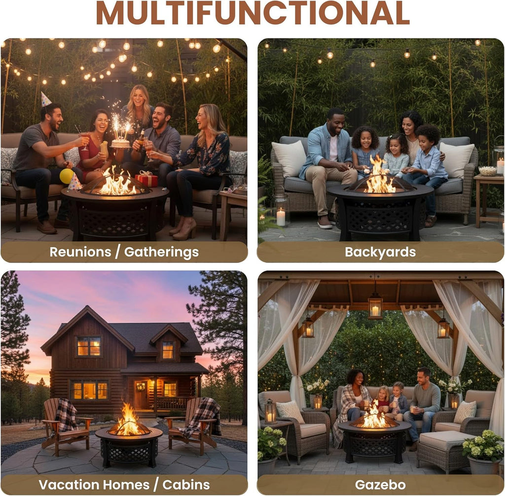 Fire Pit - 32-Inch Outdoor Fireplace with Spark Screen, Poker, and Cover - Wood-Burning Fire Pit