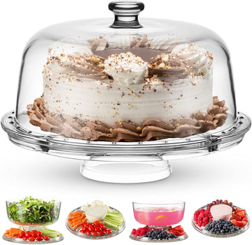 Cake Stand and Serving Plate Platter with Dome Lid, 6 in 1 Multi-Purpose Use, Crystal Glass Footed Cake Stand, Salad