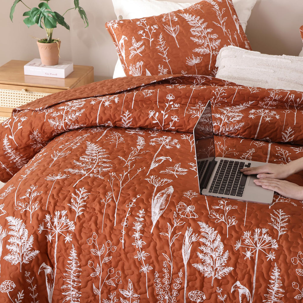 Quilts Floral Bed Spread Terracotta Quilts with Botanical Pattern Burnt Orange Microfiber