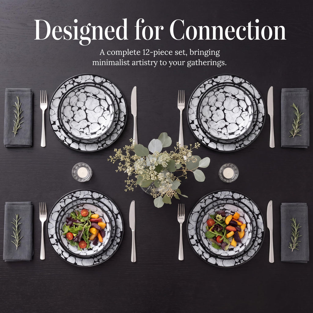 Melamine Dinnerware Set 12pcs, Black and White Plates and Bowls Sets