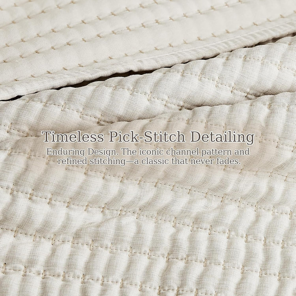 Beige Pick Stitch Oversized King Quilt Set, California King Striped Lightweight Soft Summer Spring Bedspread, Bamboo