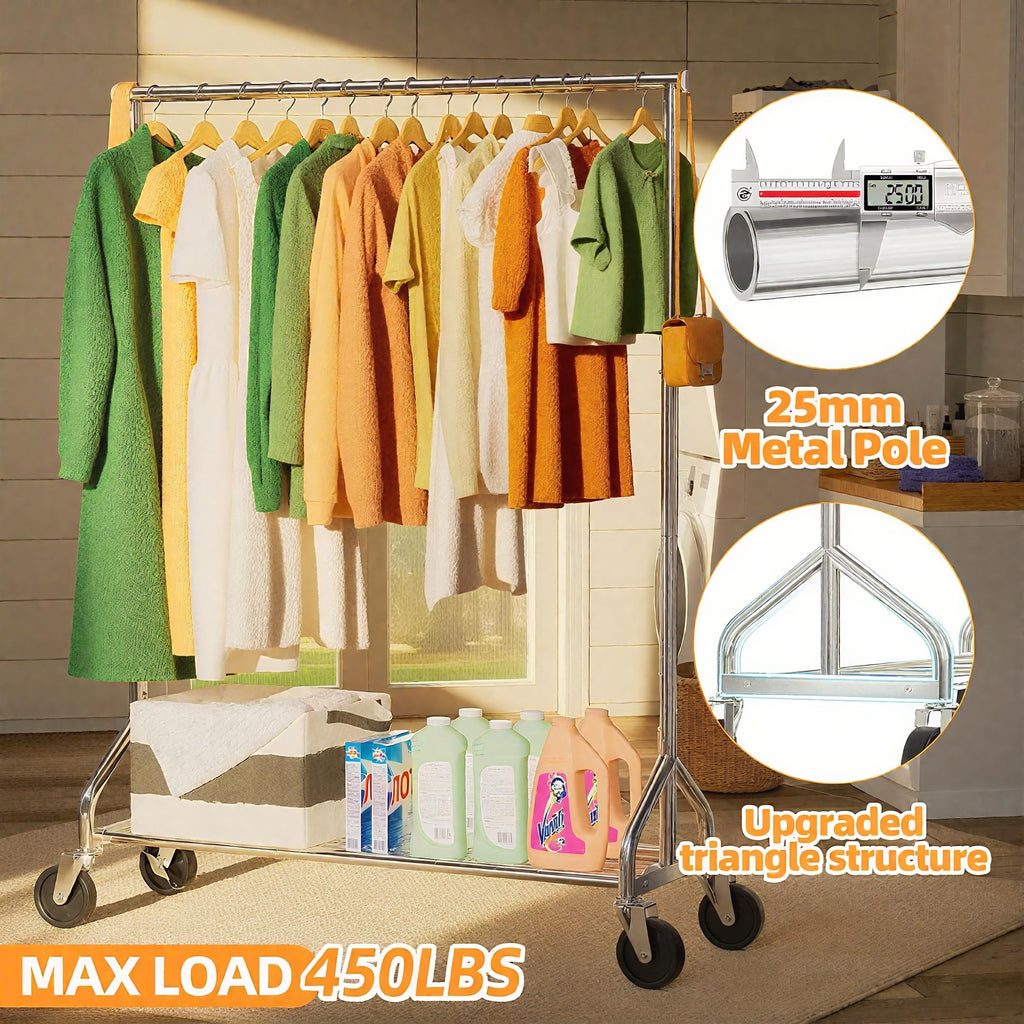 Heavy Duty Rolling Clothes Rack with Wheels and Shelves, 450 lbs Capacity, Portable Garment Rack for Hanging Clothes