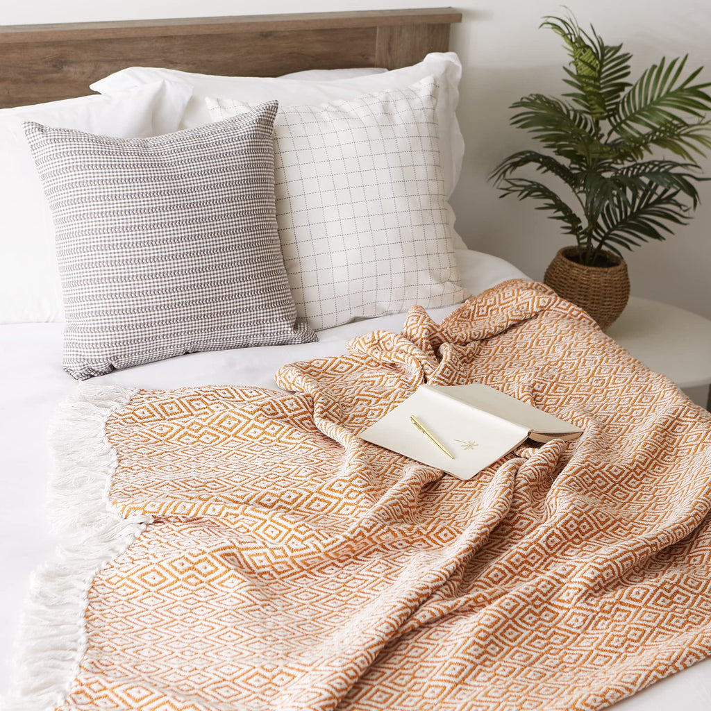 Rustic Farmhouse Double Diamond Woven Throw, 50x60, Pumpkin Spice