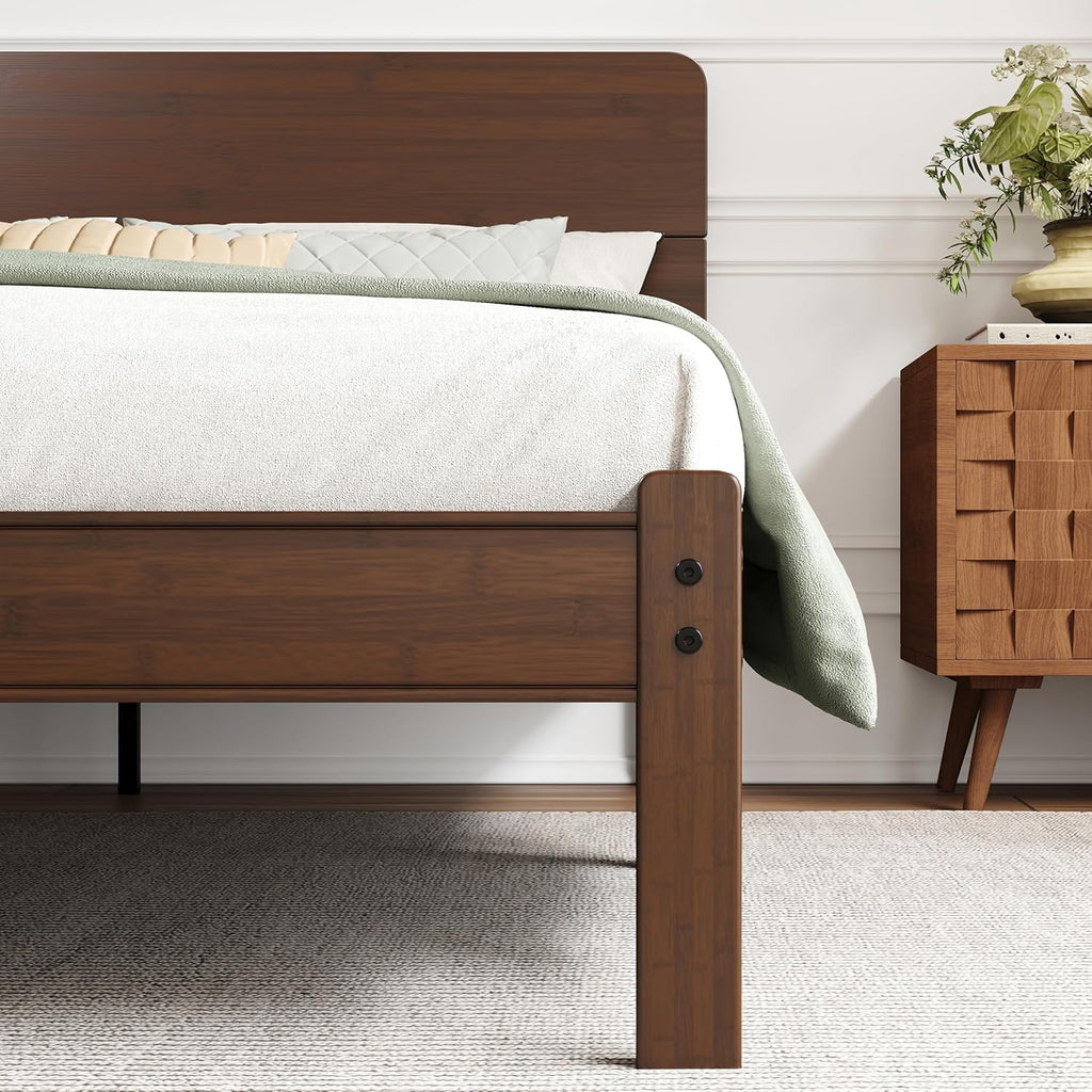 14in High Solid Bamboo Wood Platform Queen Bed Frame with Headboard, Reinforced Heavy Duty Metal Slats, Noise Free