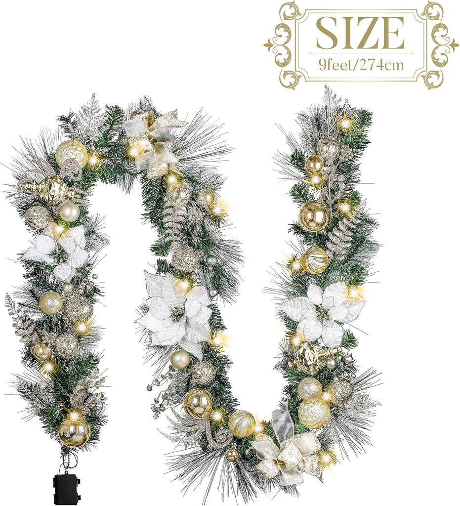 9 Feet Pre-Lit Christmas Garland with Lights for Mantle, Lighted Outdoor Xmas Garland with White Gold Balls &