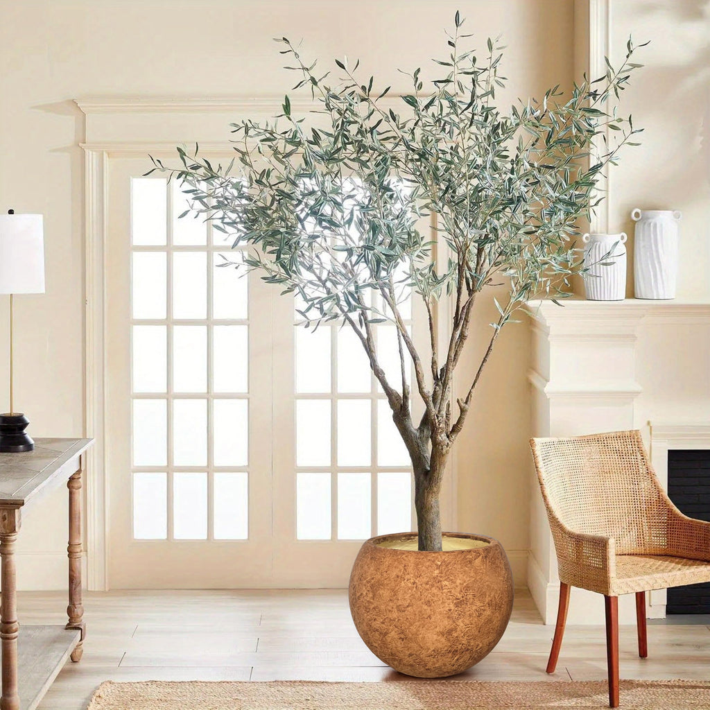 13.5" H x 17" Dia Round Brown Fiberstone Planter Pot with Drainage Hole, Lightweight UV-Resistant Stone-Look