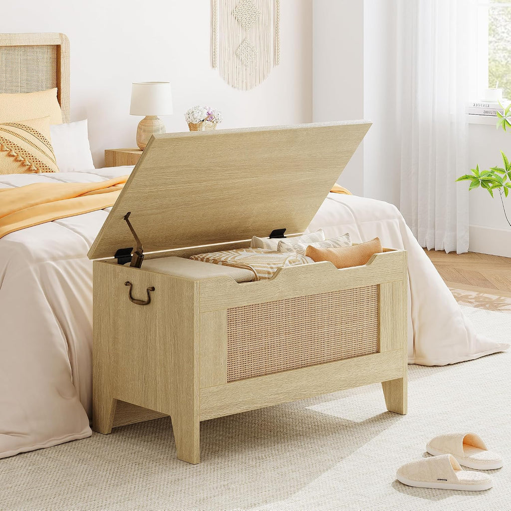 Farmhouse Storage Bench, 30" Wooden Storage Chest, Wood Color | Soft-Close Safety Hinge, Lift-Top Entryway Shoe