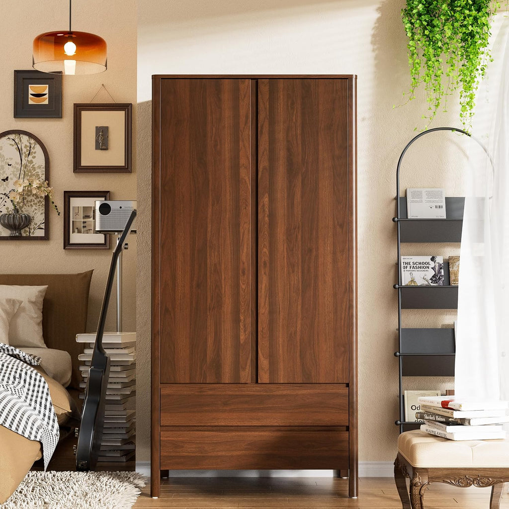 Armoire Wardrobe Closet, 70.9" Tall Wardrobe Cabinet with 2 Doors, 2 Large Drawers and Hanging Rod, Wooden Clothing