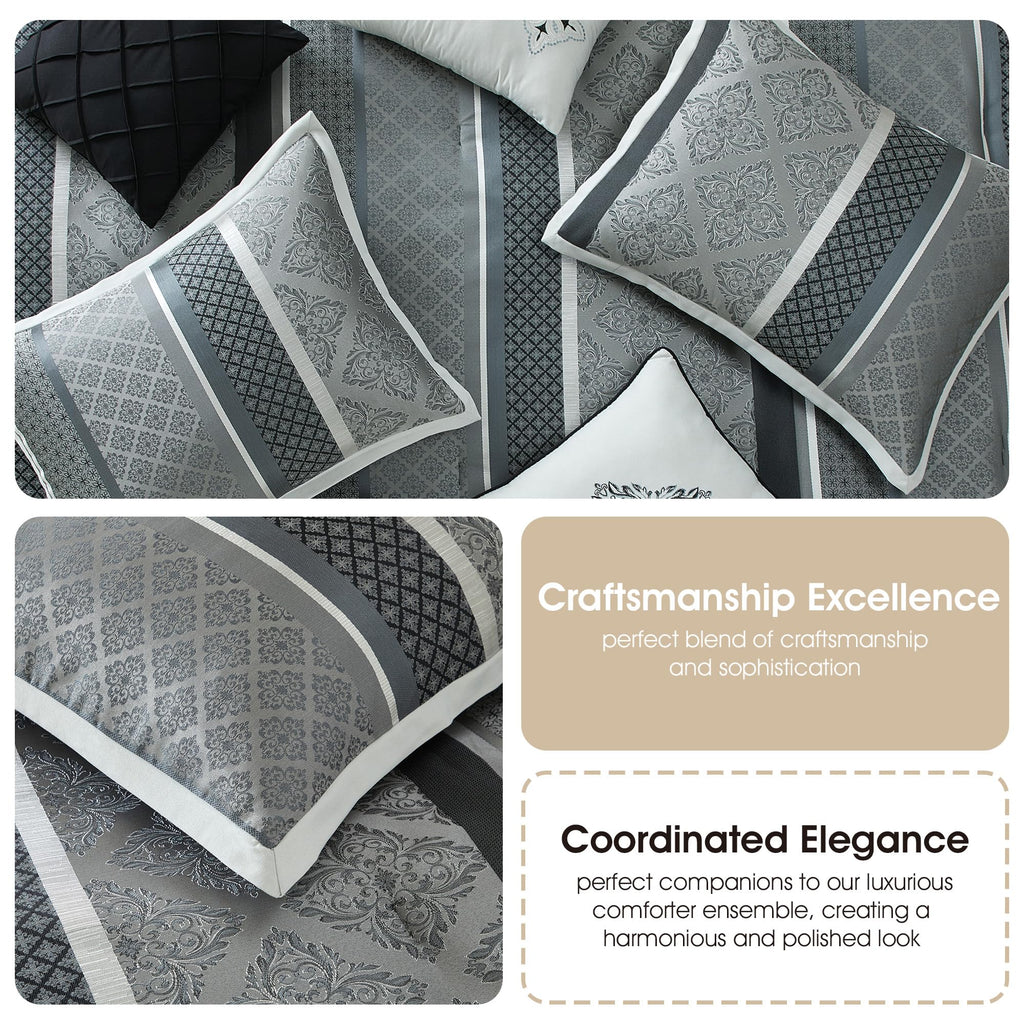 Jacquard 7 Piece Comforter Set, Grey, Bed Size Queen, Geometric Bedding Set, Matching Shams, Bedskirt, Decorative