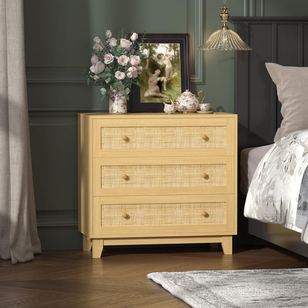 3 Drawer Rattan Dresser, Small Boho Nightstand Sets with Wooden Feet, Rattan Wood Clothes Storage Cabinet (Wood, 3