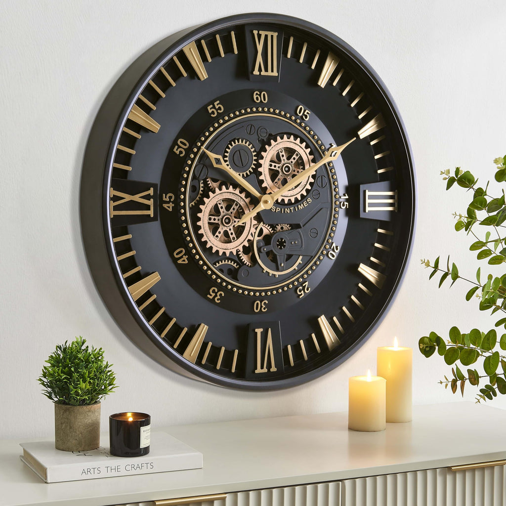 24 Inch Wall Clock with Moving Gears, Modern Black Gold