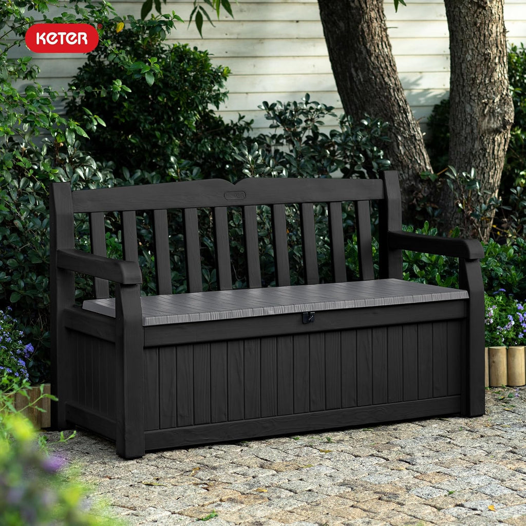 Solana 70 Gal Outdoor Storage Bench and Pool Accessories | Grey, Resin, Seating, Weatherproof, Lockable, Durable