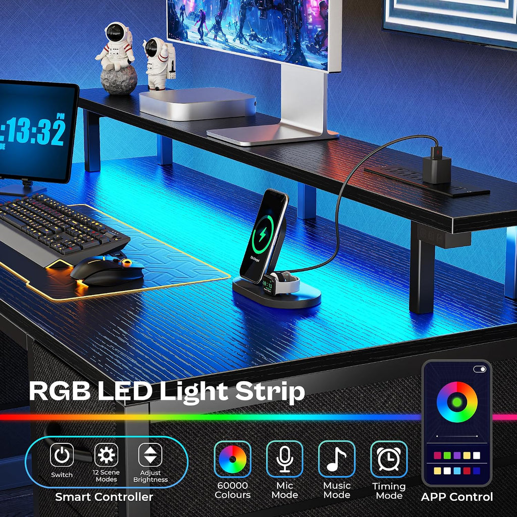 55 inch Computer Desk with Power Outlets & 4 Drawers | Gaming Desk with LED Lights, Home Office Desk with Large