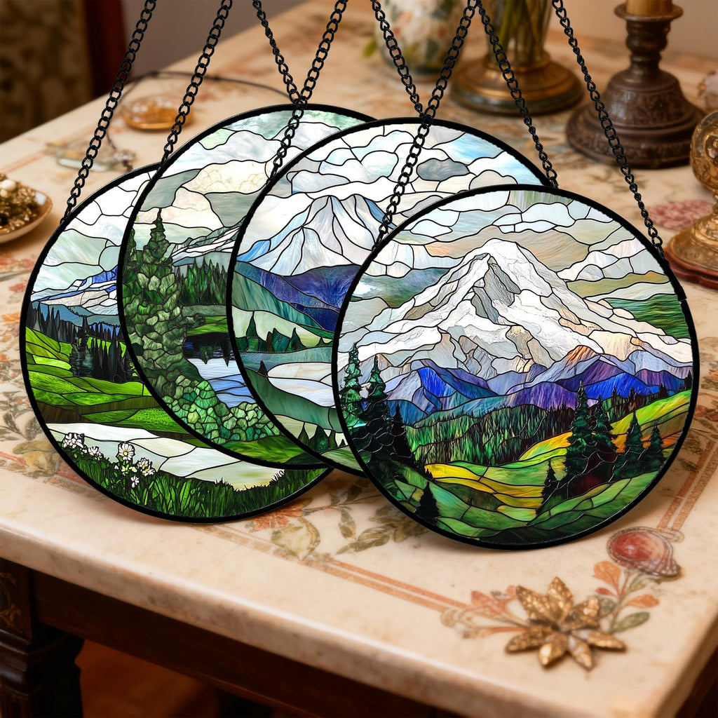 Stained Glass Window Hanging 4 Pcs Set Mountains Lake Green White Landscape Large 15" - Suncatcher Door Garden Decor