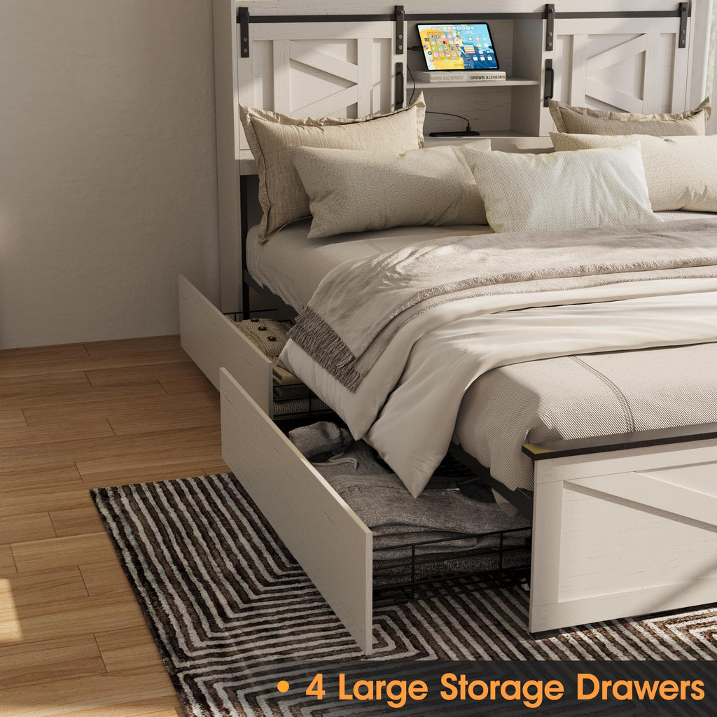 Farmhouse Bed Frame with 4 Drawers and Bookcase Headboard, Sliding Barn Door Storage Shelves, LED Lights