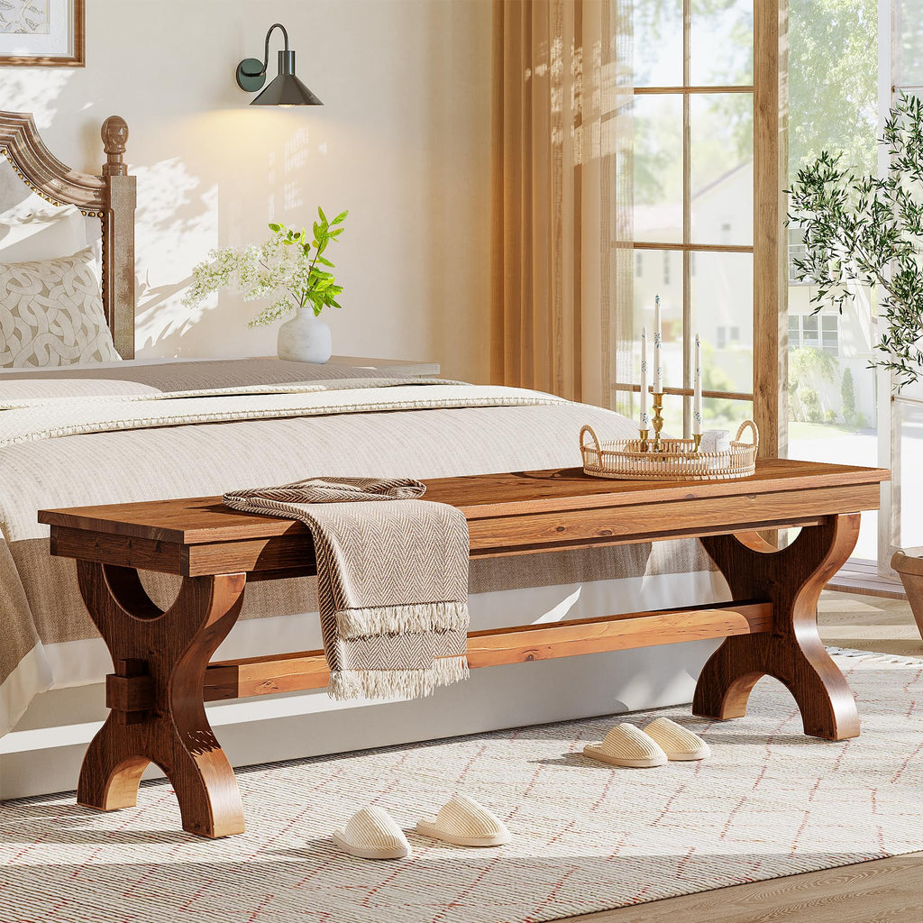 Solid Wood Entryway Bench, 55-Inch Farmhouse Indoor Bench, Narrow Hallway Seat (1, Brown)