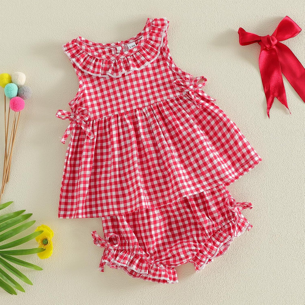 Toddler Baby Girl Summer Outfits Plaid Sleeveless Vest Tank Top Ruffles Shorts Infant Gingham Clothes Set