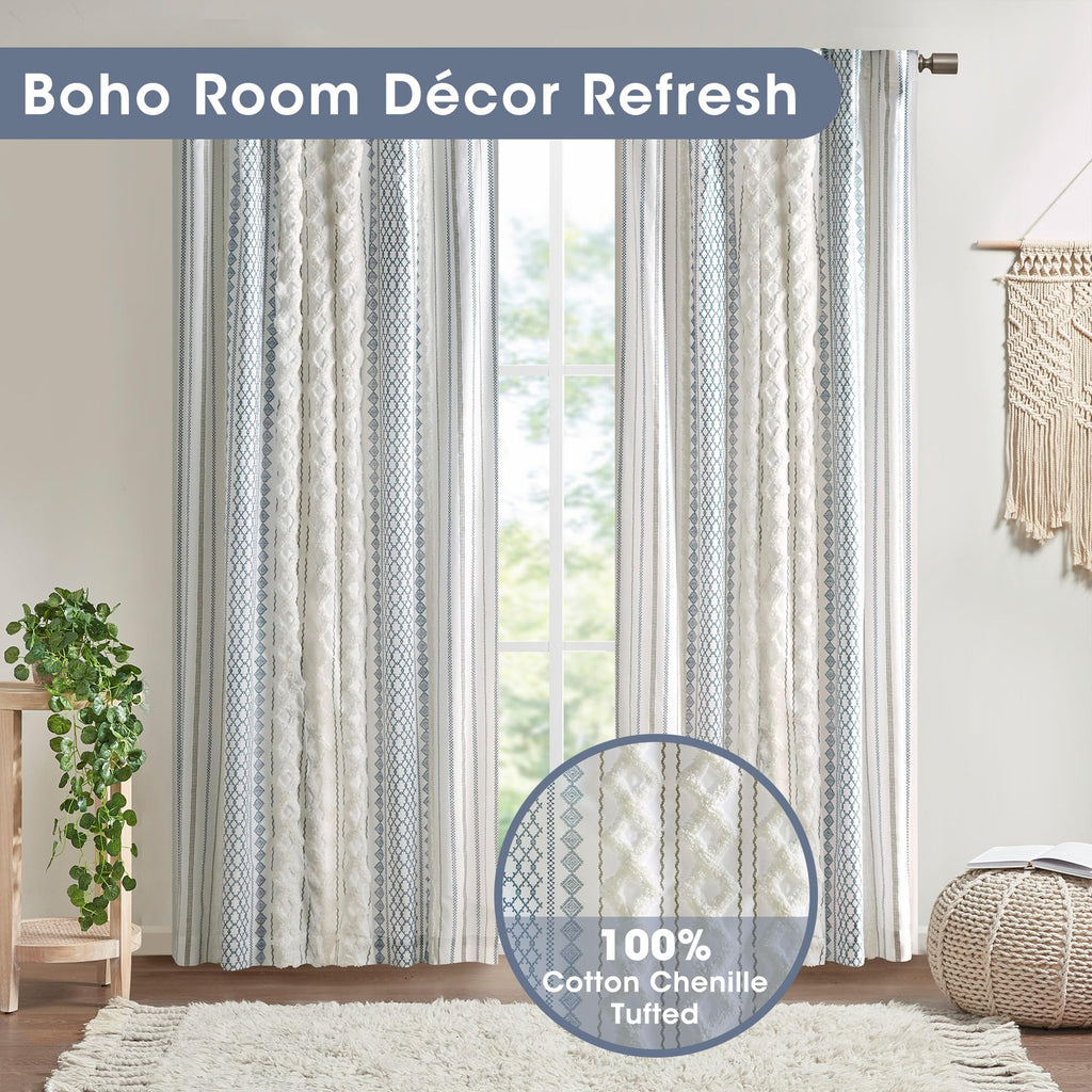 100% Cotton Boho Window Curtain, Single Panel, 50x84 White/Navy