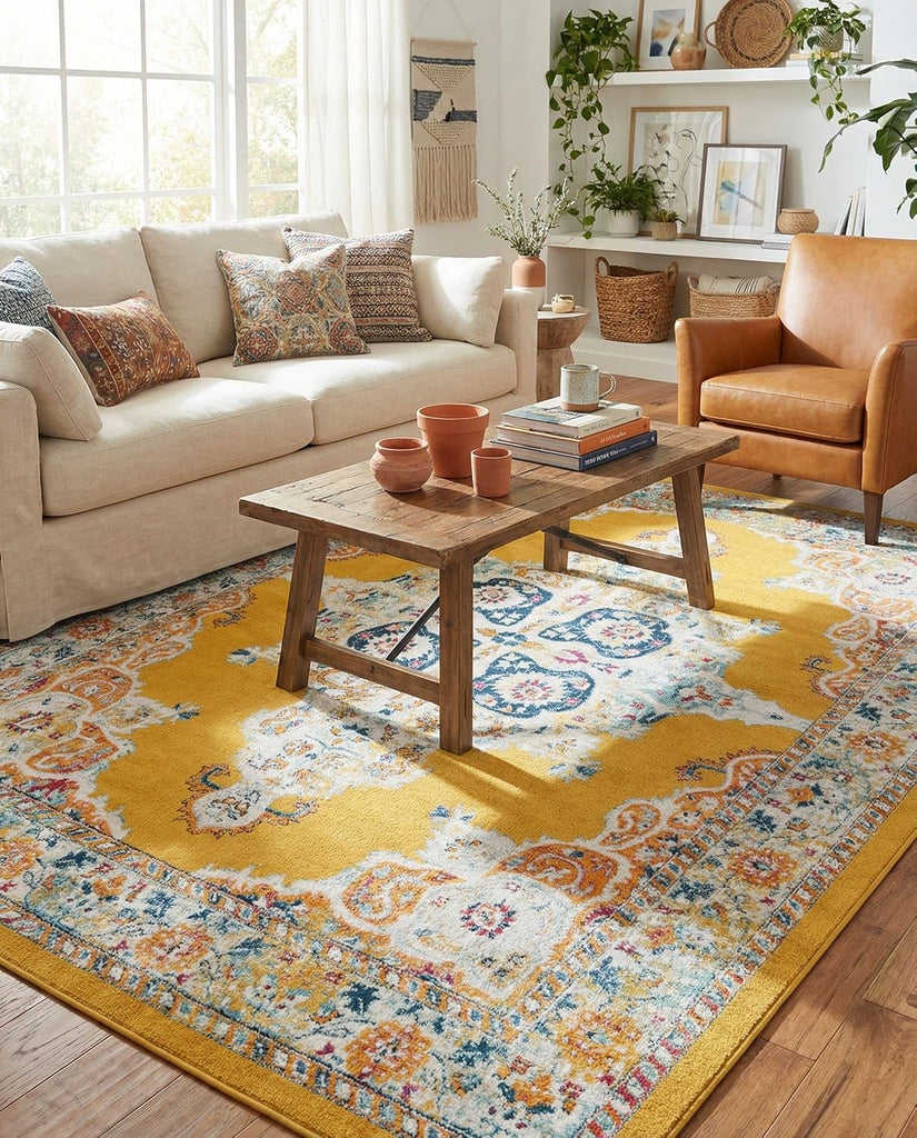 Parker Rug - 10' x 14' Yellow Easy-Clean Rug - Vintage Medallion Style