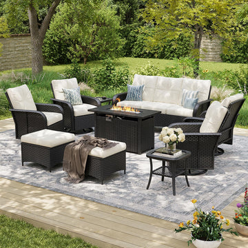 10-Piece Patio Furniture Set with 44'' Fire Pit Table, Luxury Outdoor Patio Furniture Set with 360° Swivel Chairs