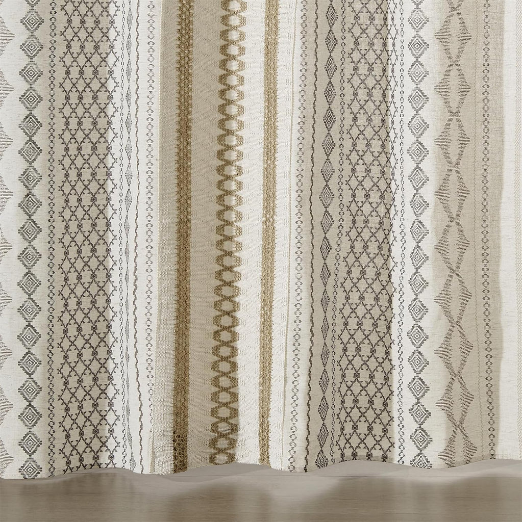 Modern Farmhouse Shower Curtain, Water Resistant Privacy Natural Linen Textured Fabric, Boho Vintage Tribal Geometry