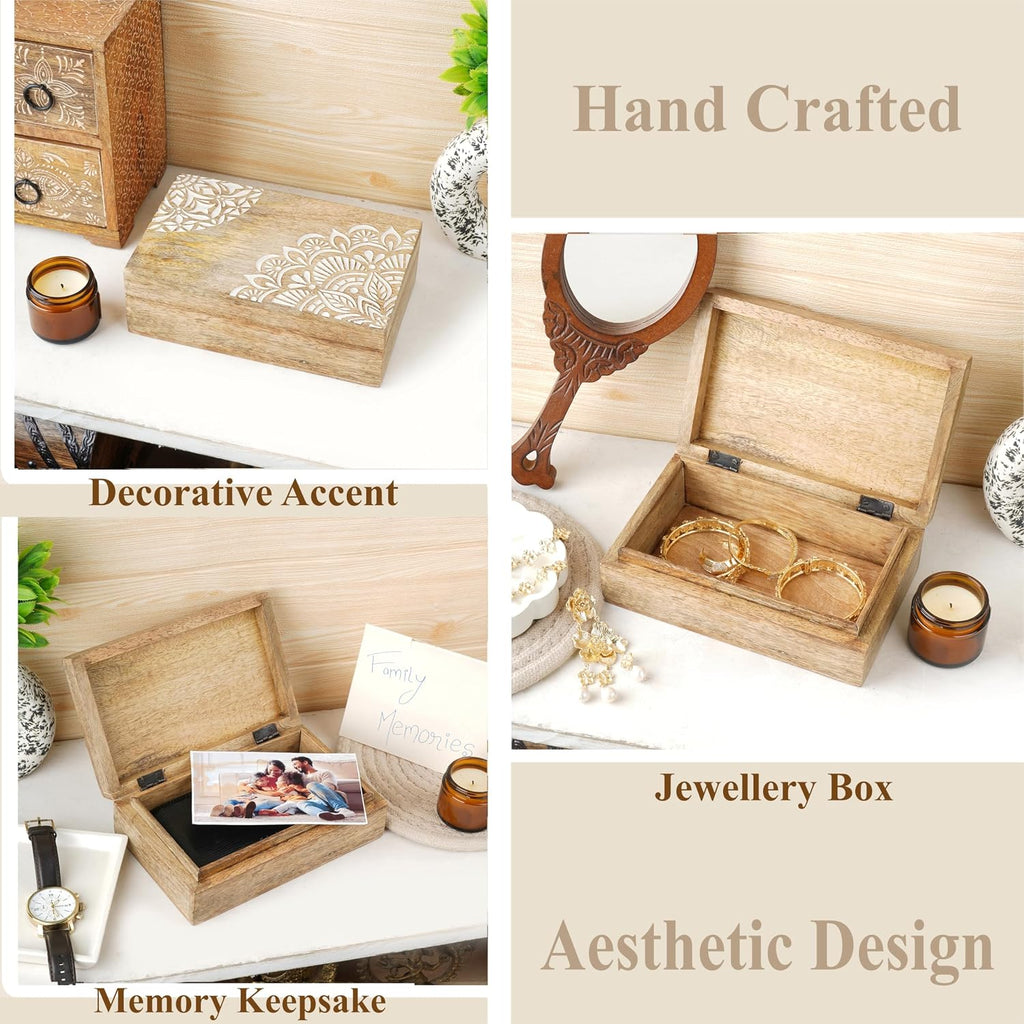 Wooden Jewelry Box Corner Flower Carved Keepsake Treasure Chest