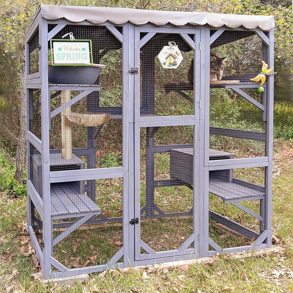 Cat House Window Outdoor Catio Cat Enclosures with 7 Platforms, 2 Resting Boxes Large Kitty House with Weatherproof