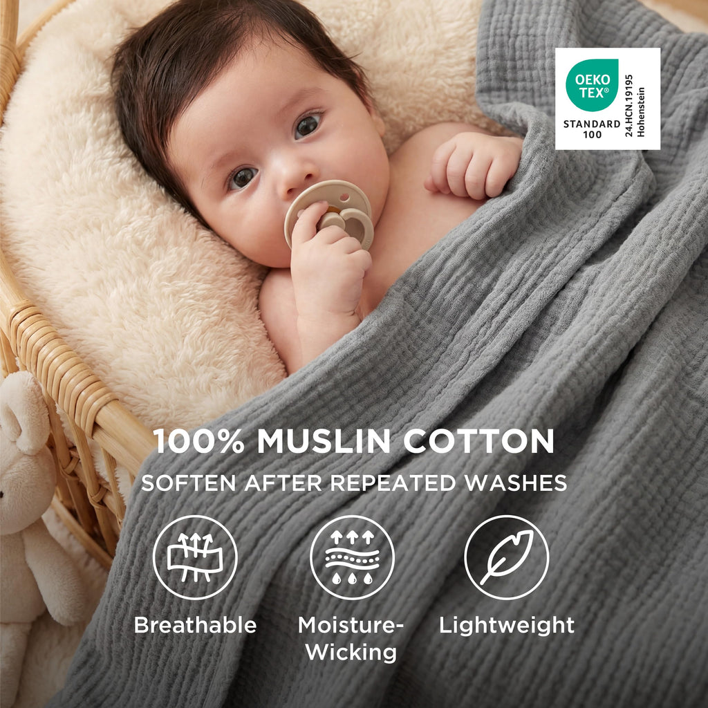 100% Cotton Muslin Blanket for Bed, 4-Layer, Grey