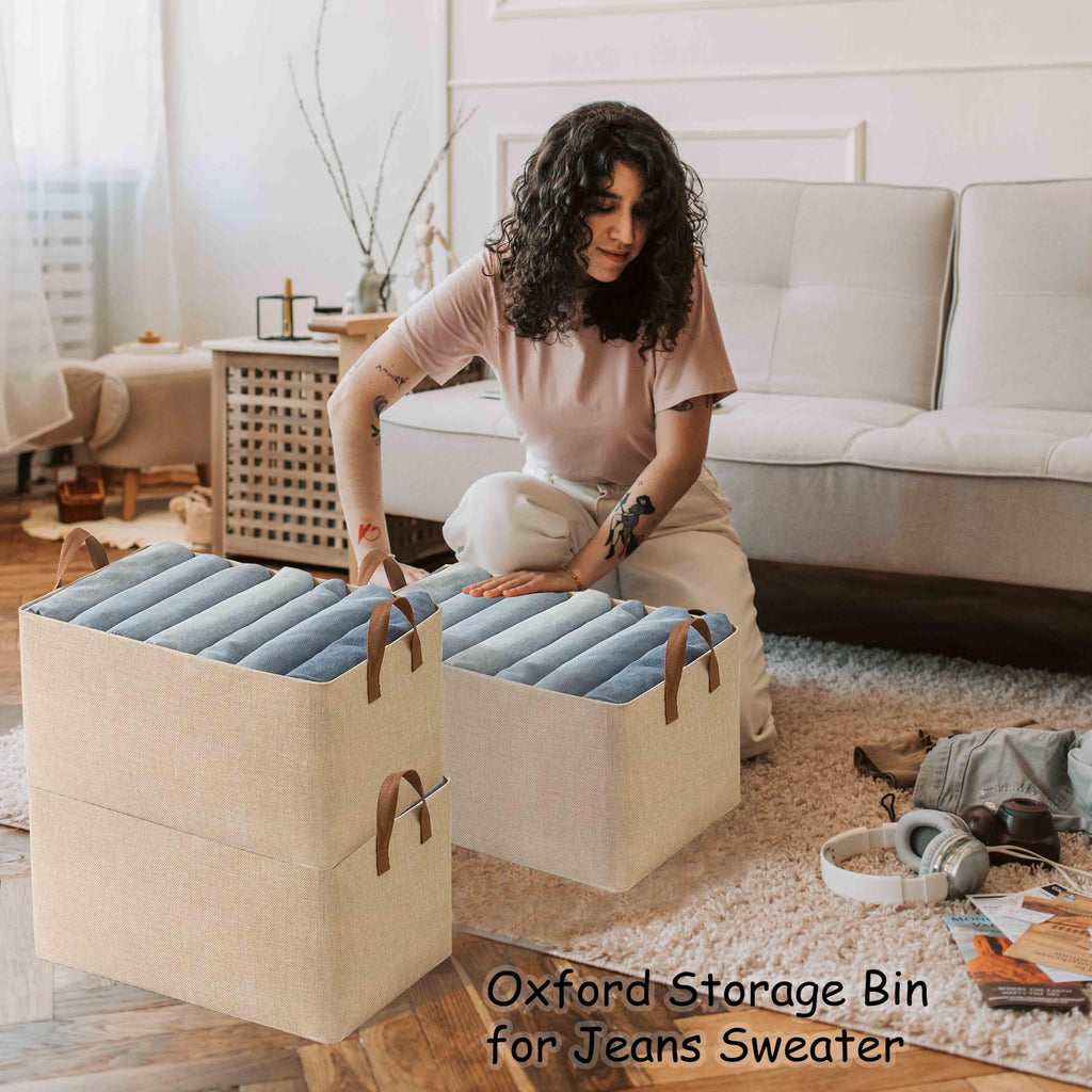 Linen Closet Organizer Storage Bin with Steel Frame, Stackable Fabric Jeans Baskets for Shelves, 4 Packs Foldable