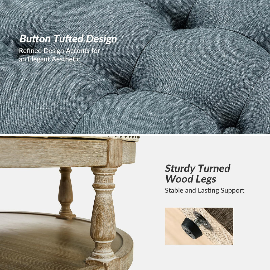 Round Ottoman Coffee Table, 2-Tier Large Button Tufted Ottoman Footrest, with Wood Shelf Storage Farmhouse