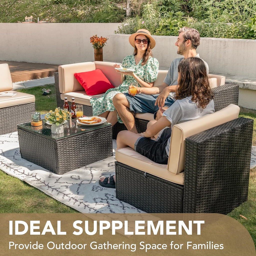 Patio Furniture Sets 6 Pieces Outdoor Sectional Rattan Sofa Manual Weaving Wicker Patio Conversation Set with Glass