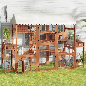 Large Wooden Catio Outdoor Cat Enclosure with Stands and Roof Multi-Platform Cat House with Scratching Posts