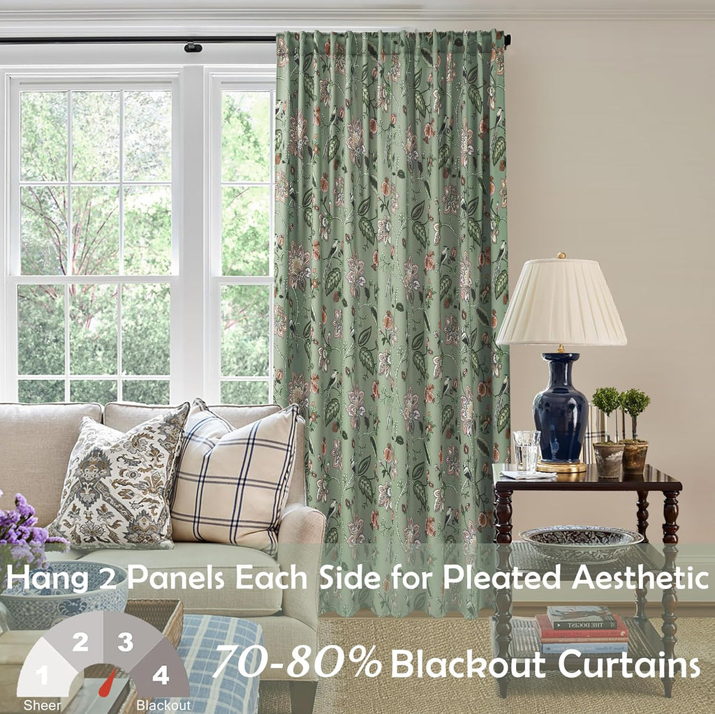 Green and White Curtains 96 Inches Long 2 Panel Set for Bay Window,70% Blackout Eclectic Art Nouveau Print Floral