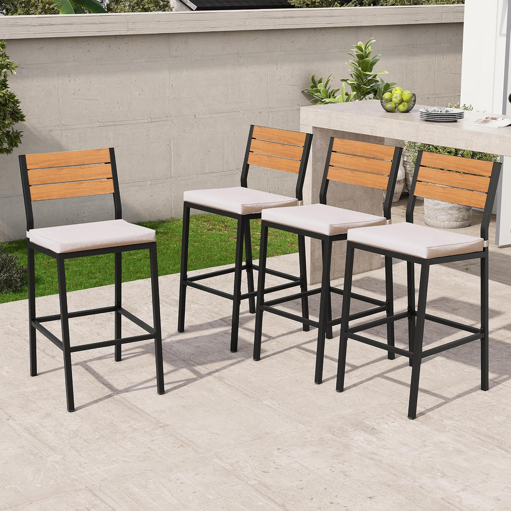 Outdoor Bar Stools Set of 4, Patio Counter Height Barstools with Cushions, Tall Chairs with Back and Footrest, Lawn