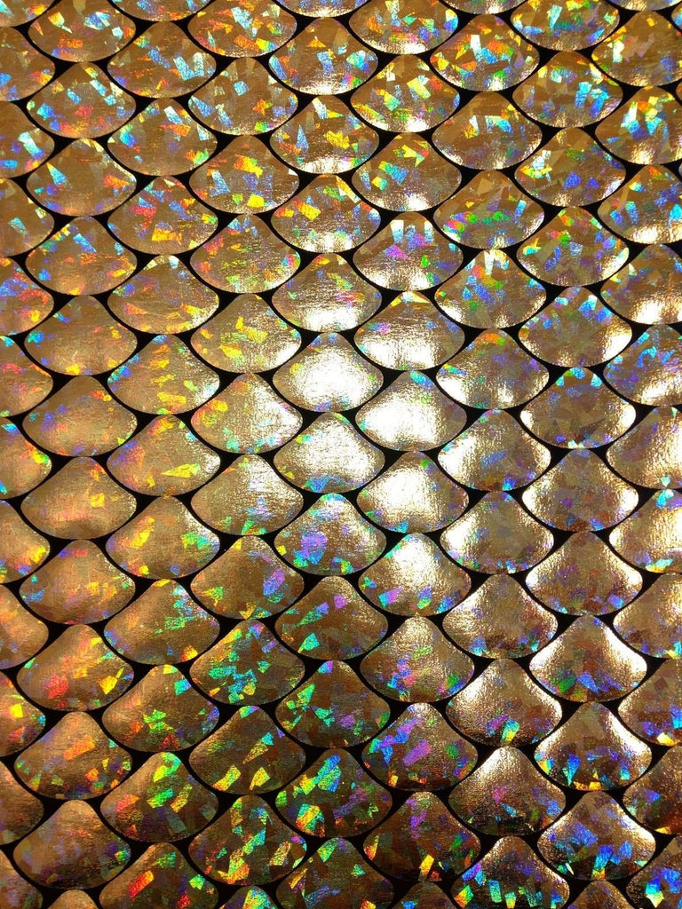 Shiny Holographic Foil Mermaid Scales Pattern on Black Stretch Nylon Spandex Shiny Tricot Fabric by The Yard (Gold)